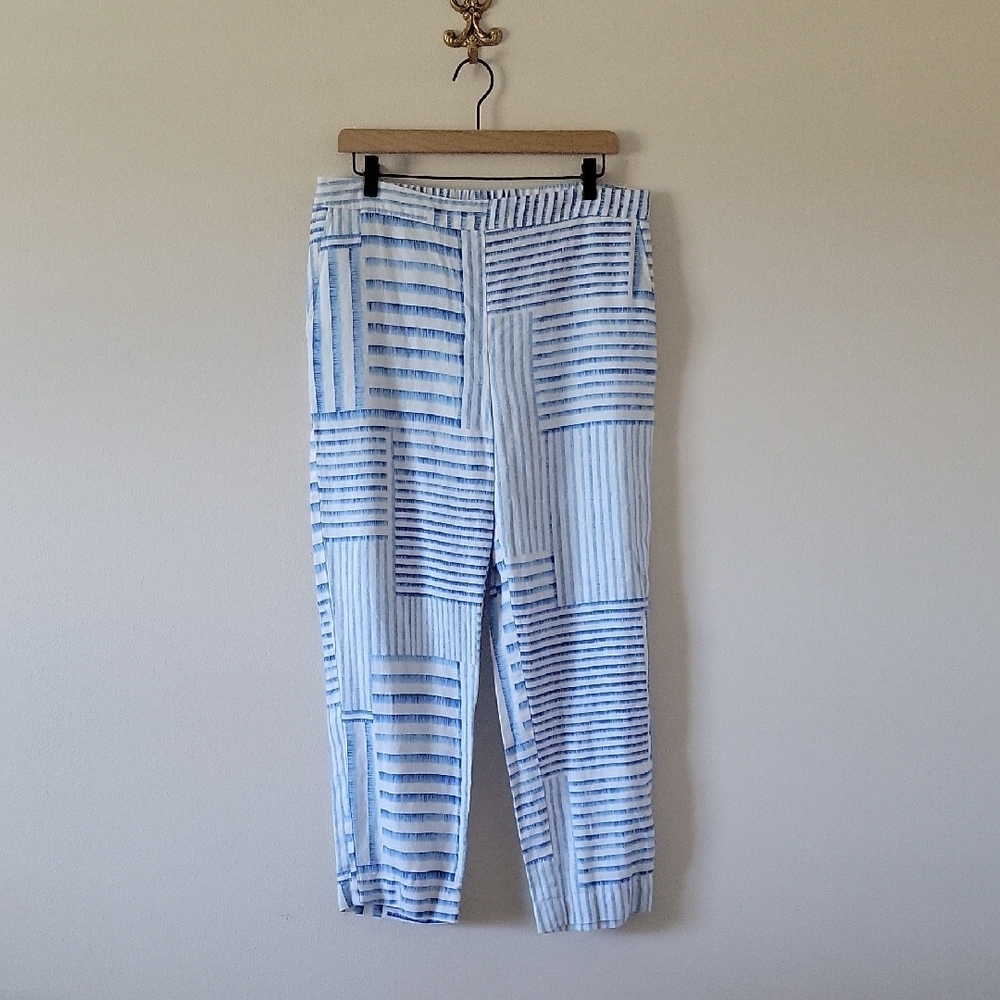 Chico's Blue White Contrast Stripe Linen Pull-on Cropped Pants Size 10